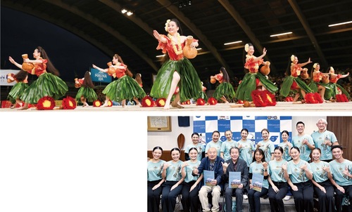 (上)ハワイ島ヒロで行われたメリーモナークフェスティバルでのフラの披露(下)市長表敬に訪れた同教室の生徒15人