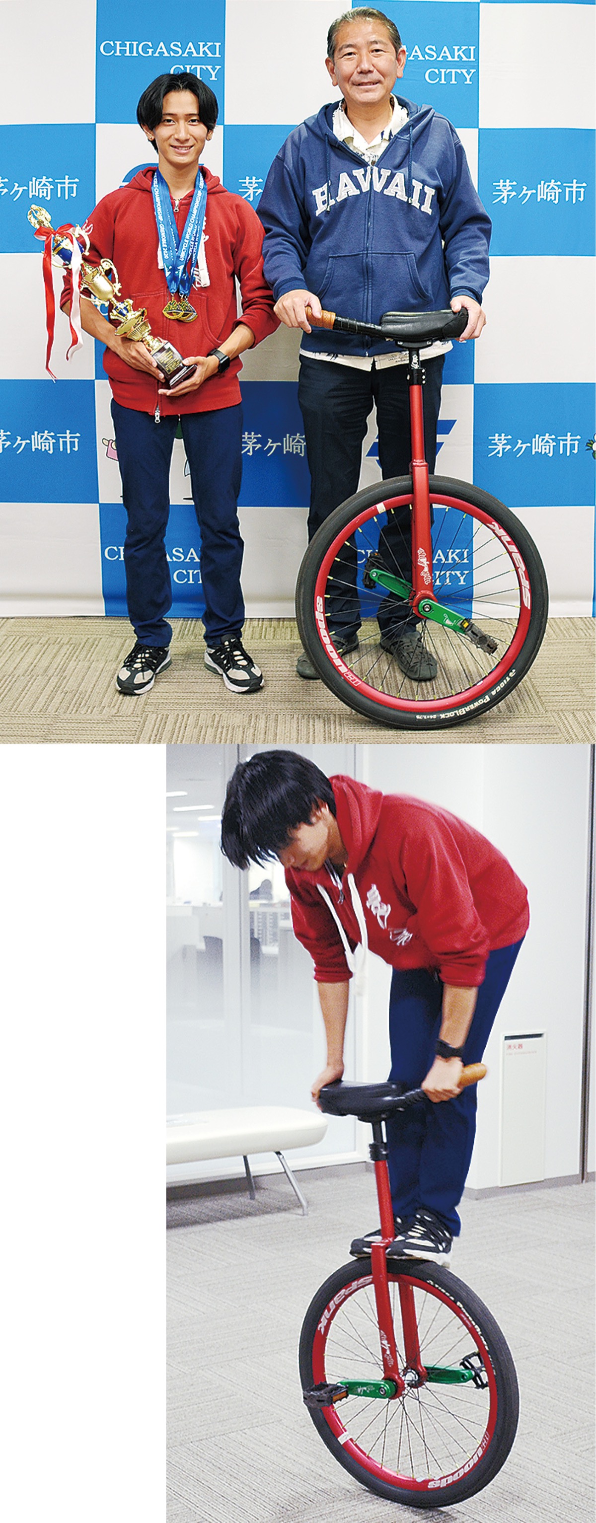 十間坂在住内田岬希さん 全日本一輪車優勝を報告 市長を訪問 実技披露