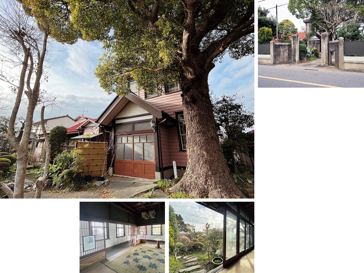 【1】旧広田医院主屋。入口横には町保存樹木の楠が立つ【2】門柱及び袖塀（寒川町提供）【3】洋館２階座敷と縁廊下【4】１階からの眺め