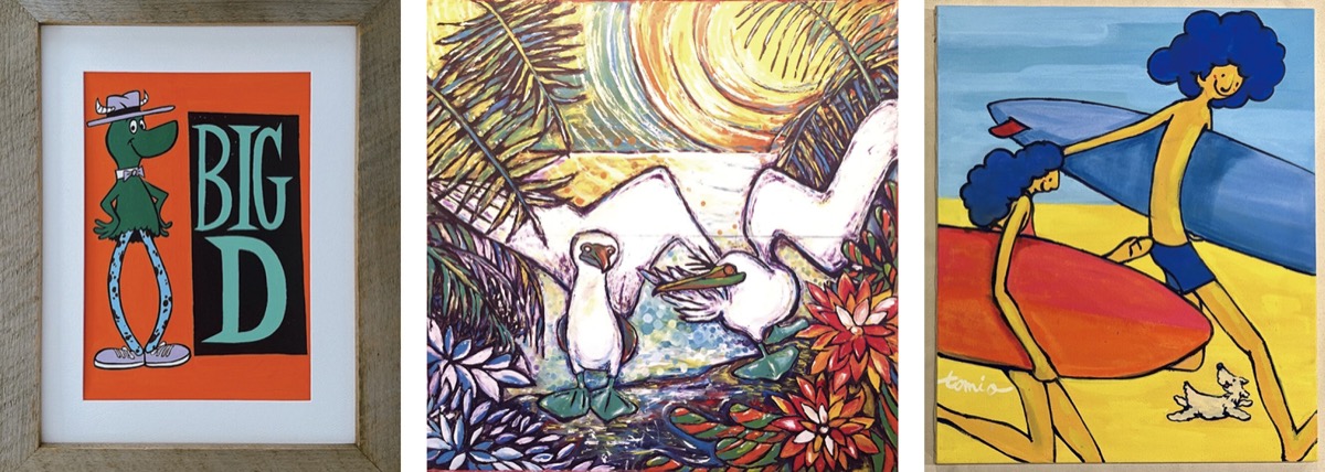 茅ヶ崎在住参加アーティストの作品の一部（左からRyu Ambe、yuyu、山中冨生 -tomio-）敬称略＝提供