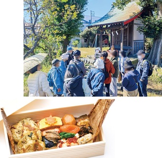 上／ガイドの様子、下・土産に付く「鎌倉殿のお弁当」＝観光協会提供