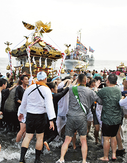 平塚海岸で「どっこい、どっこい」の掛け声で担ぎ手が神輿を揺らす