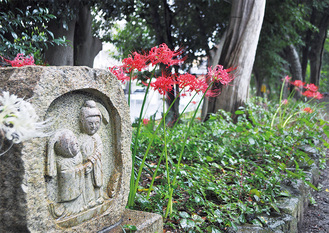 道祖神に寄り添うように咲くヒガンバナ（９月２０日撮影）