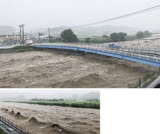 ７月３日午前７時頃の金目川（土屋橋付近）のようす。水流がぶつかって大きく波打ち、盛り上がっているのがわかる