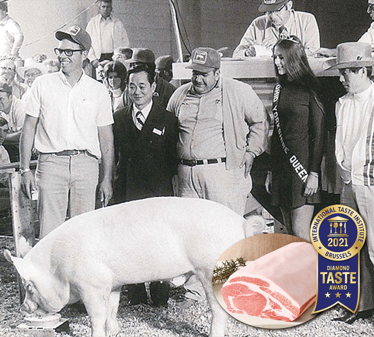 1973年、優秀な種豚を買い付けに渡米。競り落とした豚と盛装した曽我達夫氏、その右にアメリカ人をはさんで八日市屋敏雄氏(4代目社長)