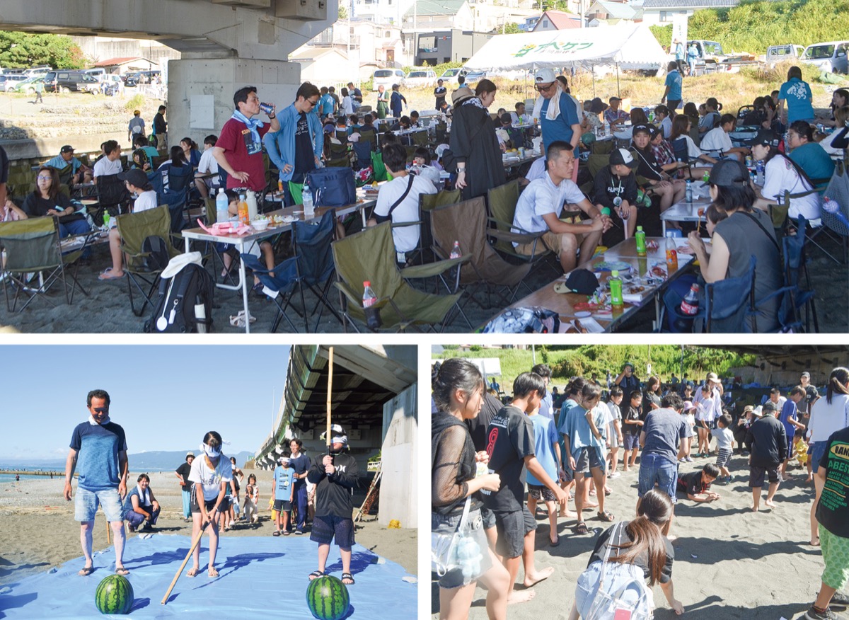 バーベキューを楽しむ参加者ら（上）スイカ割りの様子（左下）、必死に宝を探す子どもたち（右下）