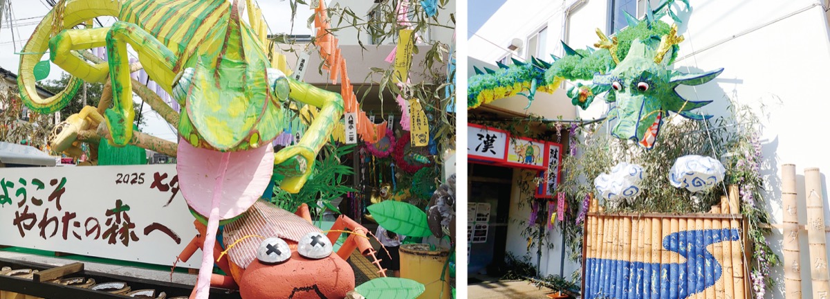 阪本さんが携わった八幡公民館の飾り。（左から）25年の『ようこそやわたの森へ』、24年の『昇り龍』（八幡公民館提供）