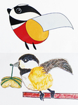 町の鳥・ヤマガラのシンボルマーク（上）と菅谷さんの原図案（下）