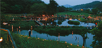 木道や芝生、弁天様の周りに竹灯篭が並んだ厳島湿生公園