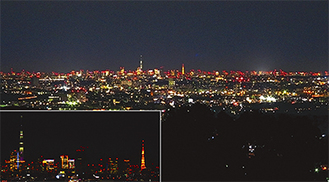 東京スカイツリーと東京タワーが見える中井町古怒田からの夜景（長沢さん撮影）