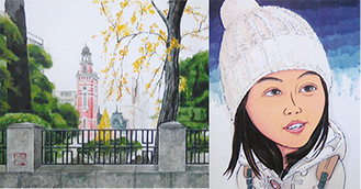 川崎尚人氏の水彩画（左）と田中みのる氏の似顔絵
