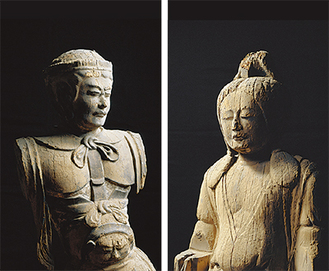 男神立像(左)と女神立像(右)。ヤマタノオロチ退治で有名な櫛稲田姫と須佐之男命の夫妻と推定される