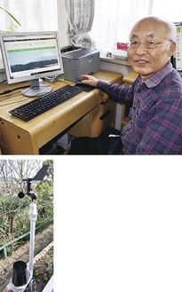 ホームページの管理を担当する白崎さん（上）と庭に設置された気象観測装置（左）