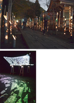 神社の参道や境内に光のオブジェを展示