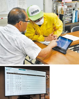 各地区のタブレット（上写真）で入力された情報を、災害対策本部（町役場）のモニターで一元管理