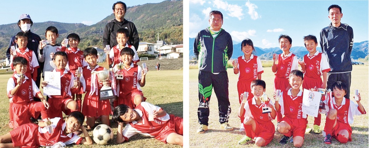 FC中井のU―10選手(左)とU―9選手(右)、指導者