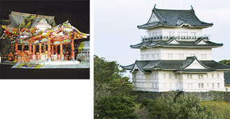 左は鶴岡八幡宮に映されたデジタル掛け軸（2009年）