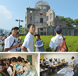 生徒たちは原爆ドーム（上）や平和資料館（左下）を見学、被爆者の体験談も聞いた（右下）