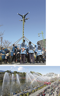 小田原古式消防記念会のはしご乗り（上）と一斉放水（下）の際には歓声があがった