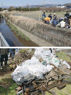 河川に入り、両岸手分けして清掃（写真上）、大量の不法投棄物を回収した（写真下）