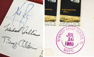 アポロ11号の打ち上げ日が入った消印（右）、封筒に記された搭乗員による直筆のサイン