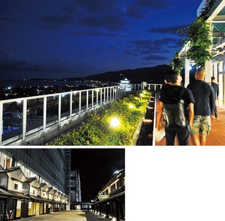 最上階の「展望足湯庭園」から小田原城を望む（写真上）。駅直結の３階「金次郎広場」には、宿場町風情を感じさせる店舗が軒を連ねる（写真左） 