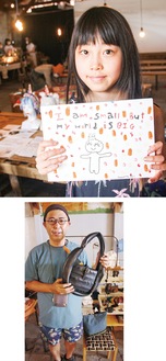 自身の作品を紹介する佐別当さん（写真上）。自転車などの部品から製品を作る山本さん