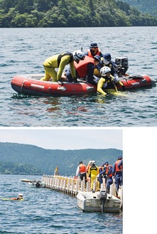 ボートに収容する訓練（上）とロープで救助する訓練（下）
