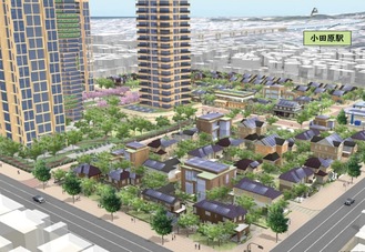 2022年3月時点のゼロカーボン・デジタルタウンのイメージ。木材を活用した高層建築や、太陽光パネルが設置された住居が並ぶ ＝小田原市提供