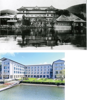 開業当時（上）の箱根ホテルと現在の外観（同ホテル提供）