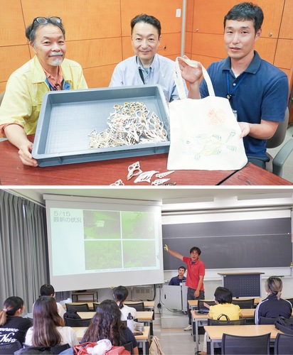 当日に向けて準備を進める学芸員ら（上）と小田原短大で行われた藻場再生の講義