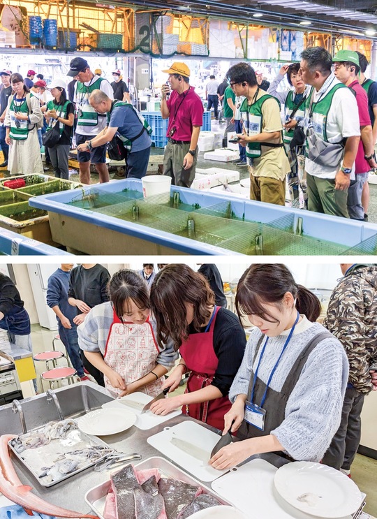 過去に行われたセリ市見学と料理教室の様子（市提供）