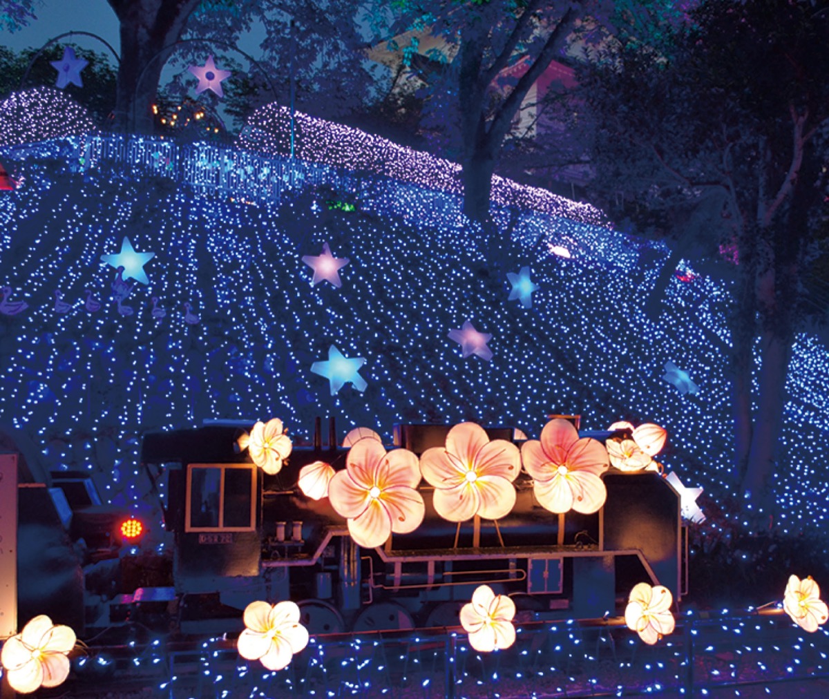 梅の花で装飾された豆汽車(豆汽車は雨天時展示無し)