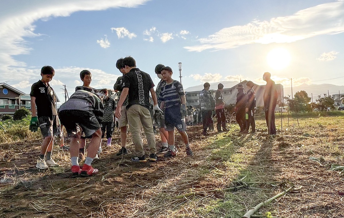 スクール生も交えて行われた弥一芋の収穫作業の様子©SHONAN BELLMARE FUTSAL
