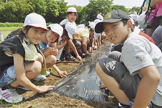上大井小５年生が４００粒を種まきした＝23日・ＮＥＣ湘南テクニカルセンター
