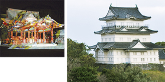 左は鶴岡八幡宮に映されたデジタル掛け軸（2009年）