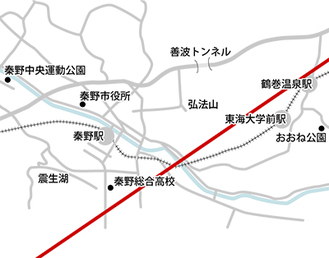 秦野市内を通る「中心食線」（予測図）