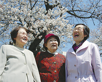 桜の木の下で再会を喜ぶ（左から）小野さん、川名さん、三竹さん