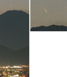 富士山頂にうっすら光る彗星と秦野市街（左）／拡大画像（右）