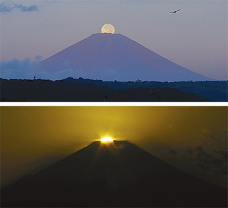 ９月20日に撮影されたパール富士（上）とダイヤモンド富士