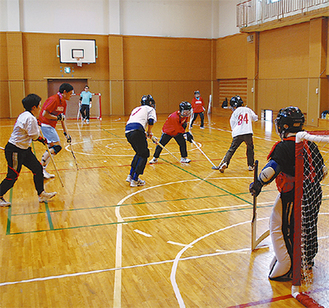 ゲーム形式の練習でパックを奪い合う湘南フェニックスの選手たち