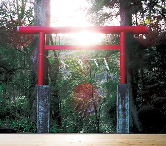 天津神社の鳥居の真ん中に太陽が位置し、本殿に夕日が差し込む（2018年3月14日 午後4時57分　岩田さん撮影）