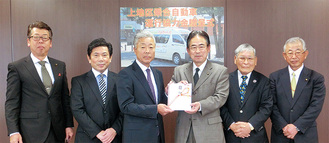 飯田社長（中央左）に協力金を手渡す井上会長（中央右）