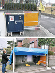 ゴミステーションに設置された救命ボックスと災害伝言板（写真上）テントを張り雨天時でも対応（写真下）