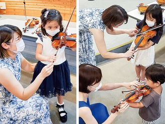 サポートを受けながらヴァイオリンに触れる子どもたち