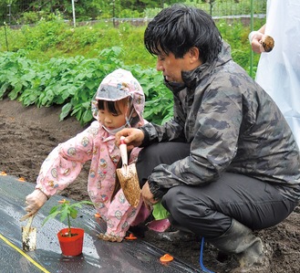 桐山さんの指導で苗を植える児童