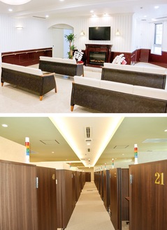 高級感溢れる待合室（上）と全室個室の透析スペース