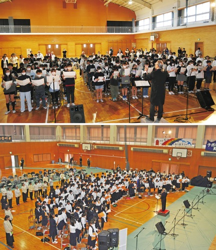 西小学校６年生への出張授業（上）と東中学校１・２年生への出張授業