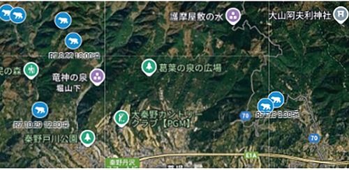 2025年4月〜11月8日までのクマの目撃情報マップ（秦野市ホームページより引用）