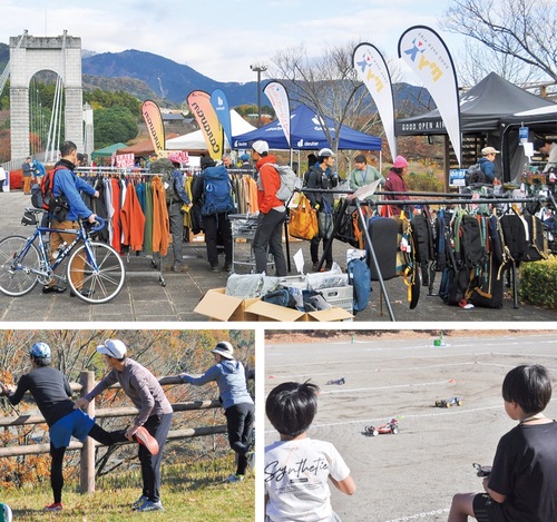 （上）アウトドアグッズの買い物を楽しむ来場者で賑わう会場、（左下）トレラン教室でプロのランナーから体の使い方を学ぶ、（右下）ラジコン体験